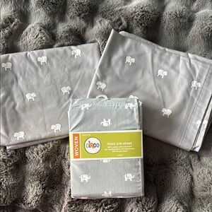 Circo Gray Elephant Silhouette Bedding Sheets and 2 Panel Window Curtains